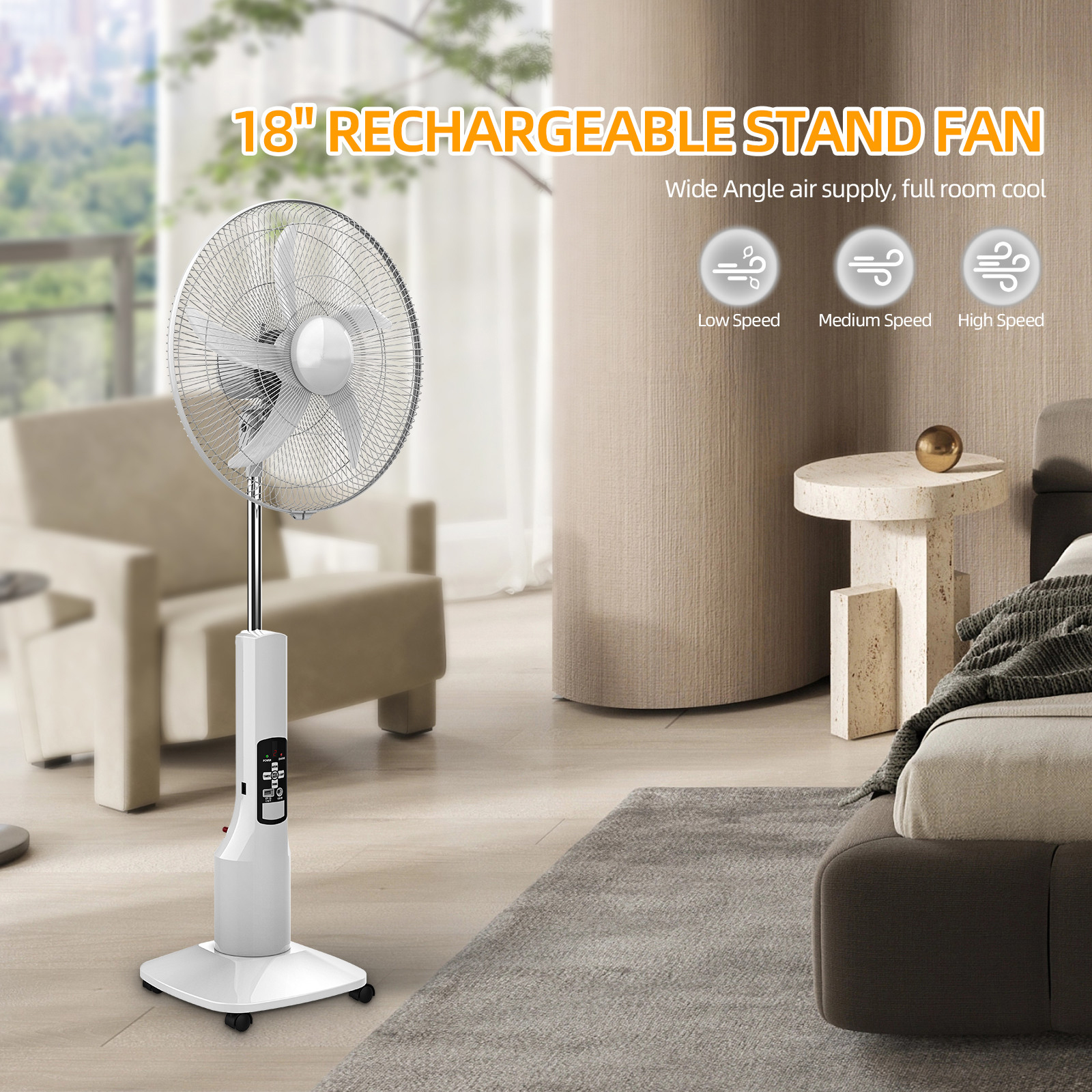 18” Cordless Rechargeable Stand Fan | Portable Battery-Powered Cooling for Indoor/Outdoor Use